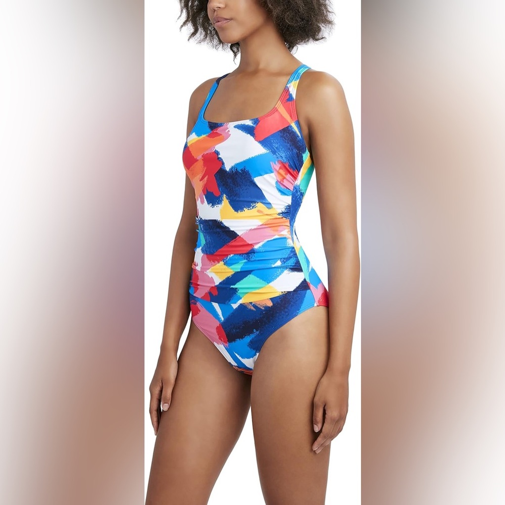 Nautica Multicolor Abstract One Piece Swimsuit XL Tummy Control Cross Back NWT
